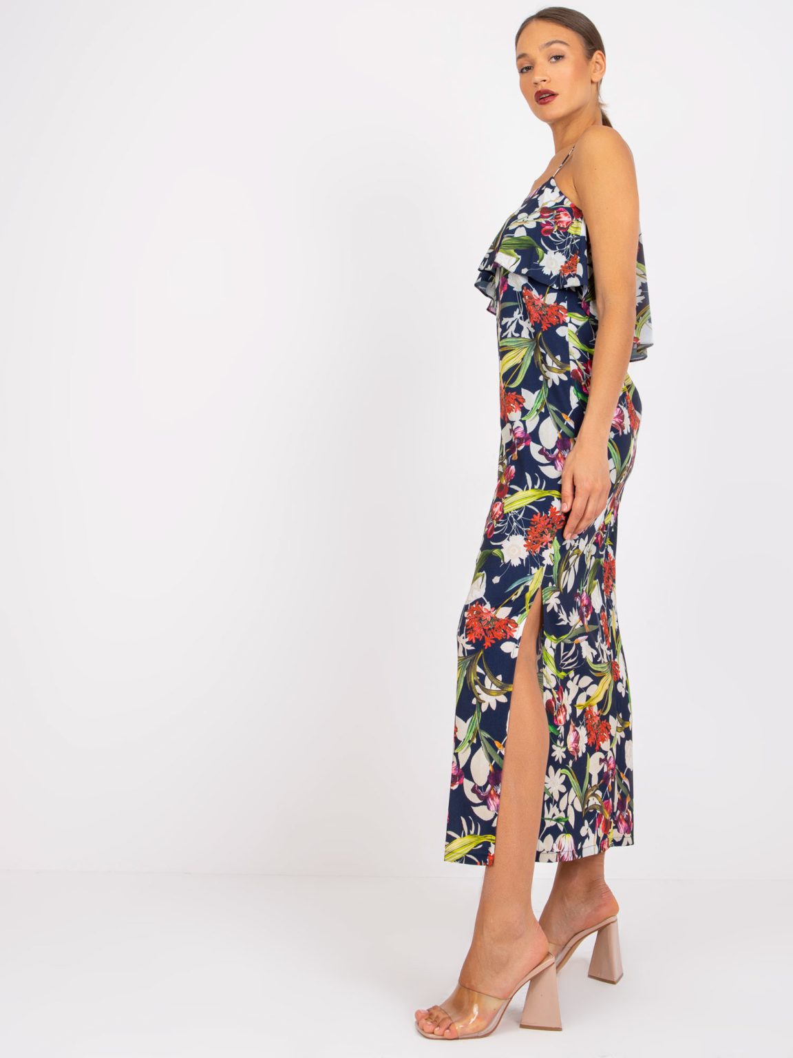 Hurtownia Granatowa sukienka maxi w kwiaty Paulina