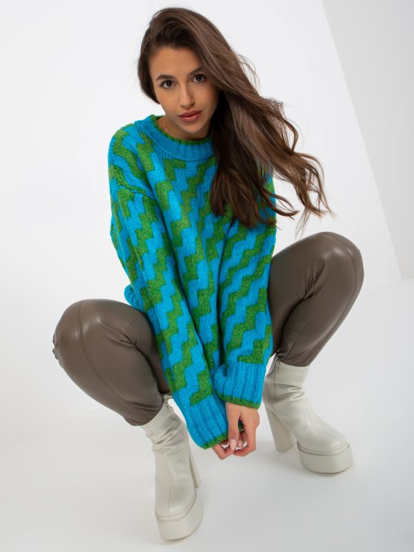Hurtownia Niebiesko-zielony luźny sweter klasyczny we wzory