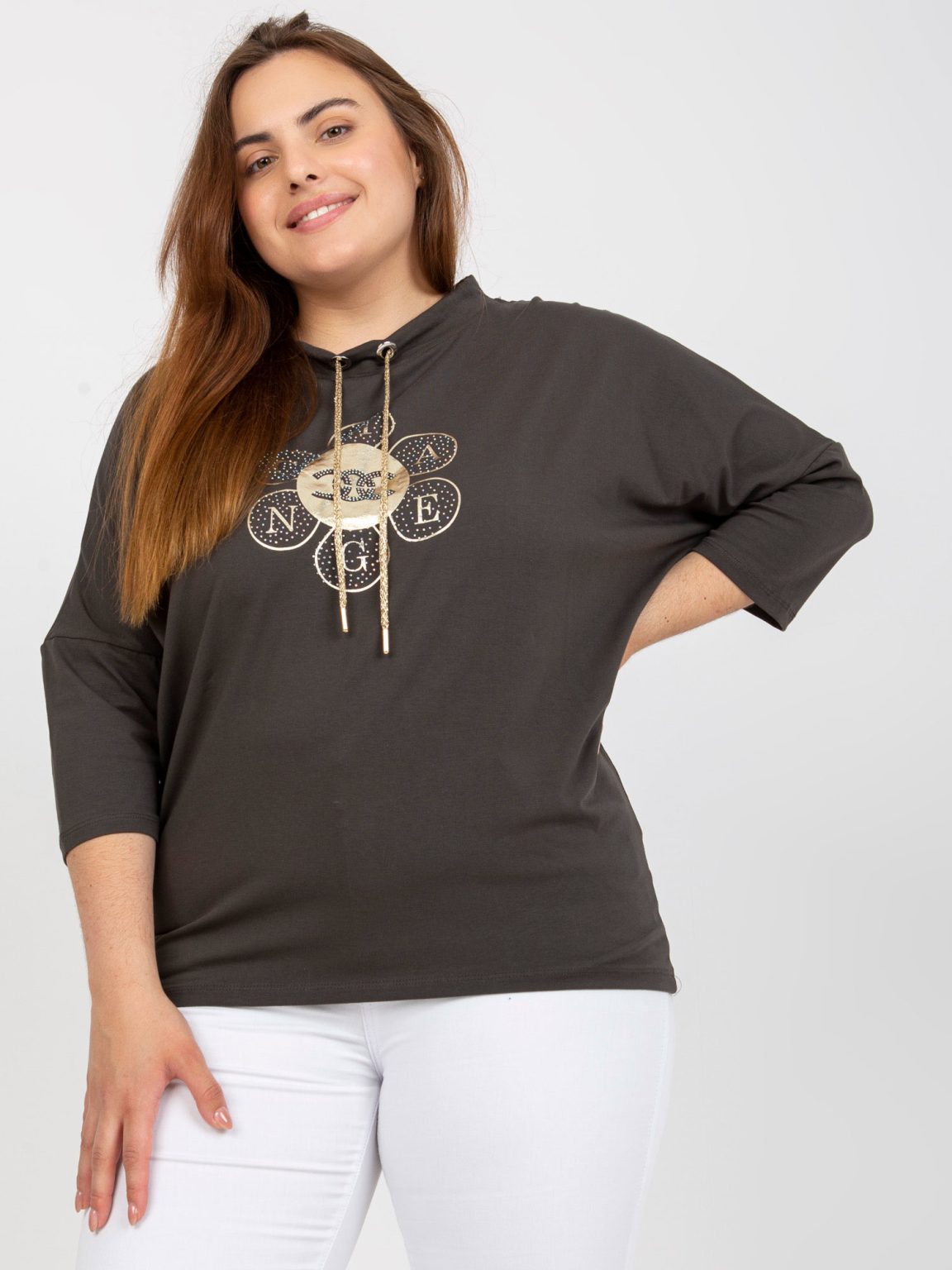 Hurtownia Khaki bluzka plus size z złotym nadrukiem