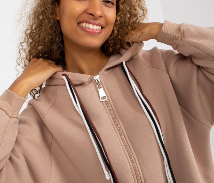 Hurtownia Ciemnobeżowa długa dresowa bluza rozpinana oversize