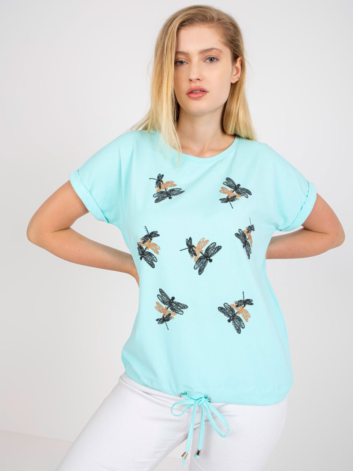 Hurtownia Miętowy bawełniany t-shirt plus size z krótkim rękawem