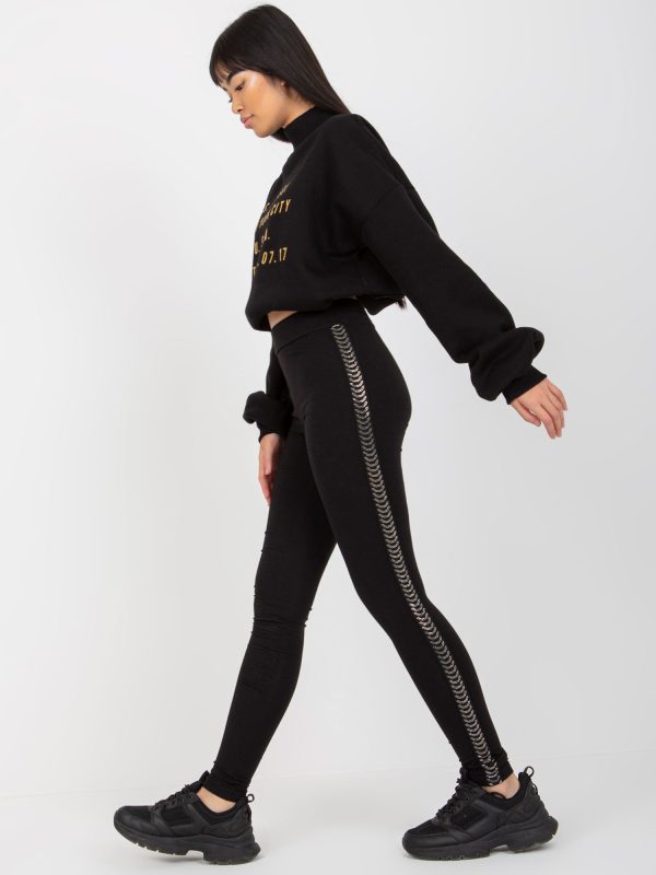 Hurtownia Czarne damskie legginsy casualowe z aplikacją z dżetów
