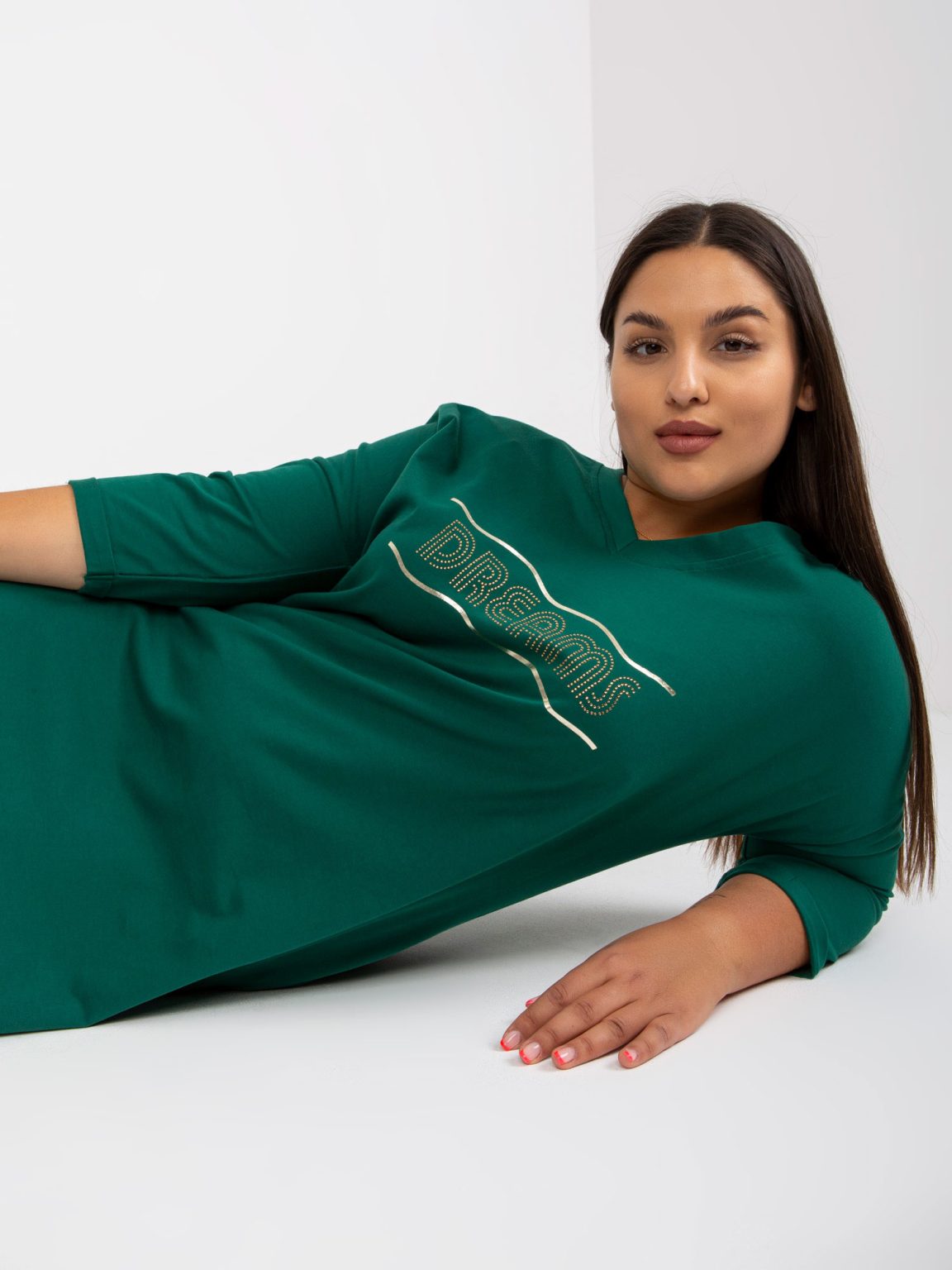 Hurtownia Ciemnozielona bawełniana tunika plus size z kieszeniami