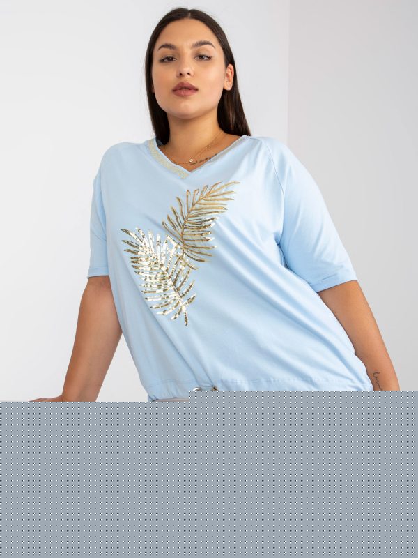 Hurtownia Jasnoniebieska bawełniana bluzka plus size ze ściągaczem
