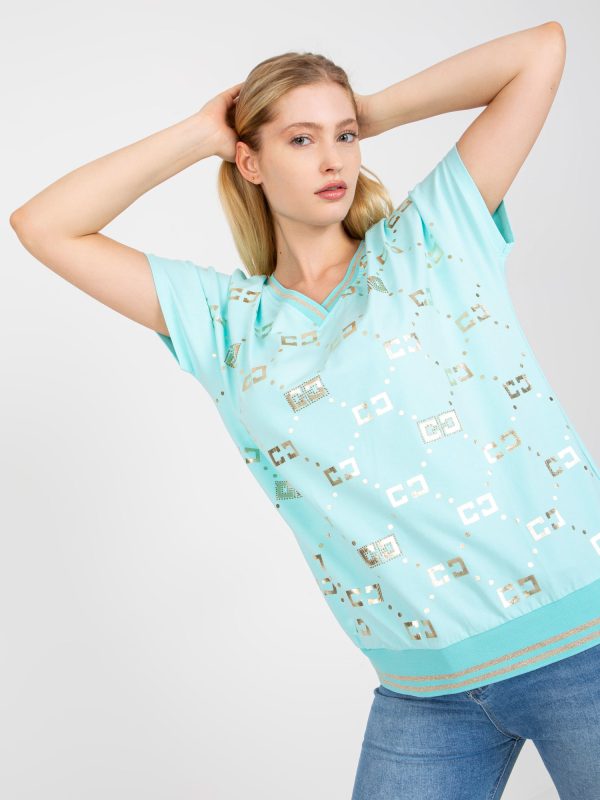Hurtownia Miętowa bawełniana bluzka plus size z krótkim rękawem