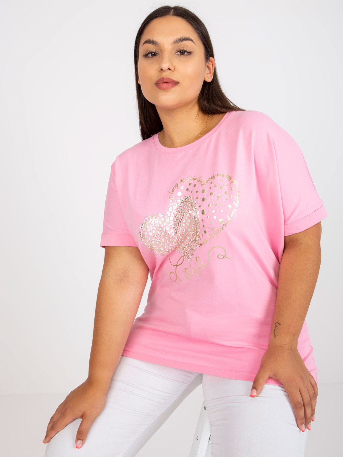 Hurtownia Różowy luźny t-shirt plus size z bawełny