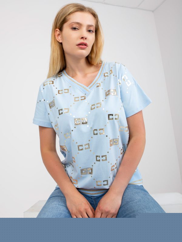 Hurtownia Jasnoniebieska bawełniana bluzka plus size z dekoltem V