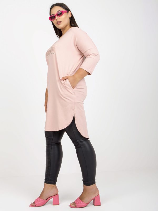 Hurtownia Jasnoróżowa bawełniana tunika plus size z kieszeniami