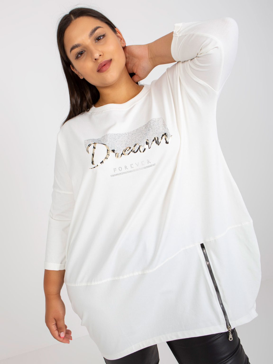 Hurtownia Ecru bawełniana tunika plus size ze srebrną aplikacją