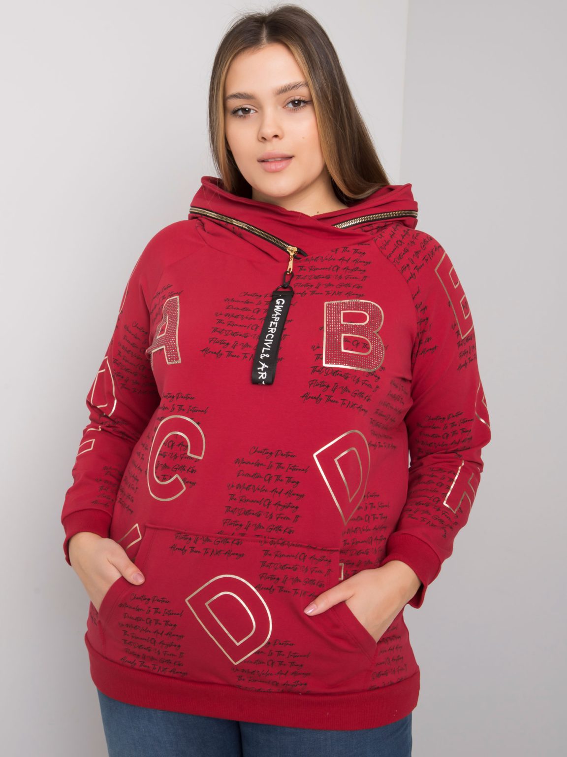 Hurtownia Bordowa bluza plus size z aplikacją Adele
