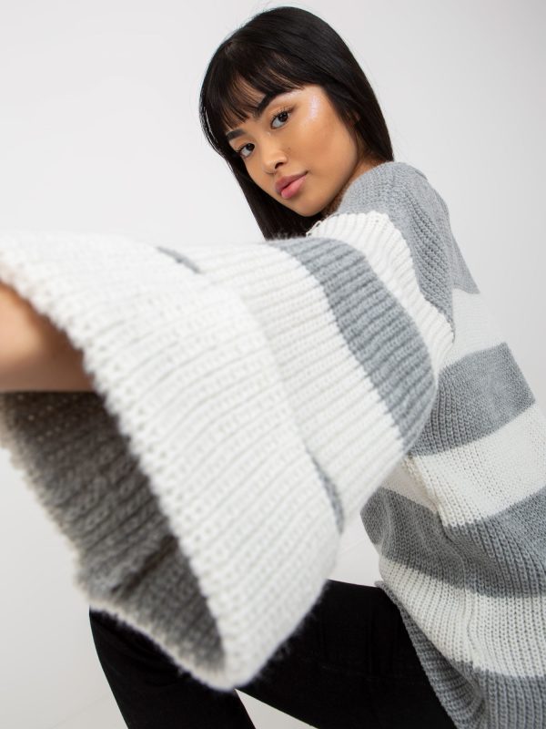 Hurtownia Szaro-ecru damski sweter oversize z dodatkiem wełny