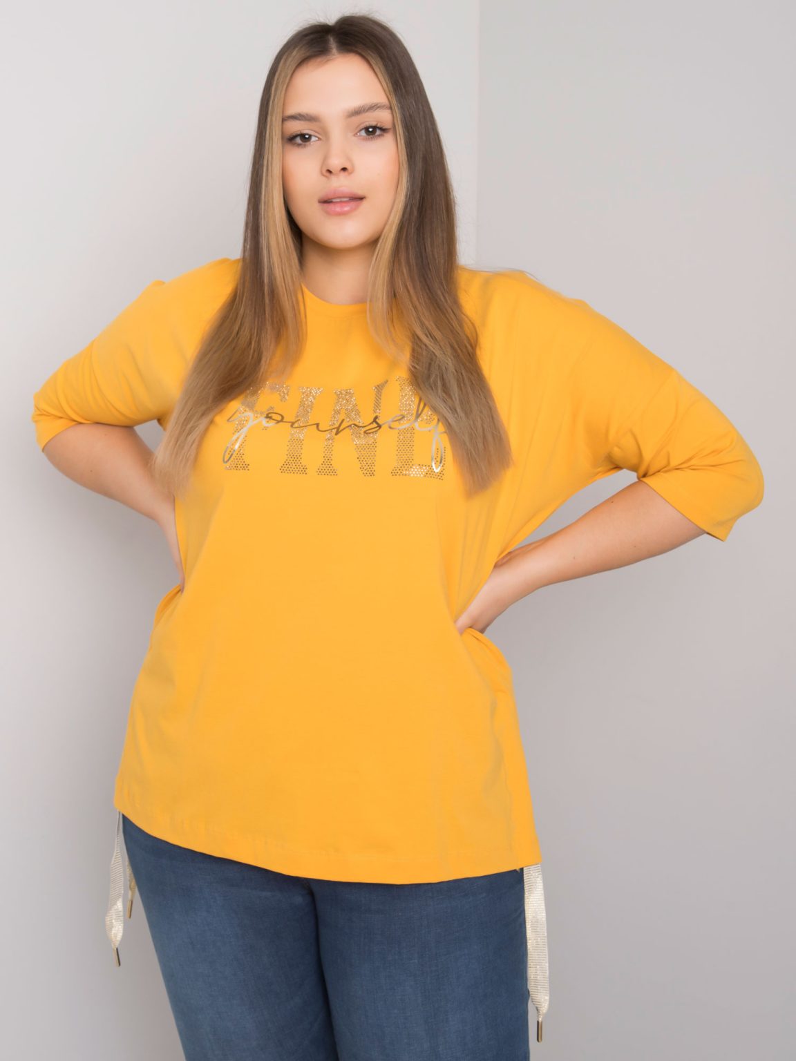 Hurtownia Żółta bluzka plus size z dżetami Elena