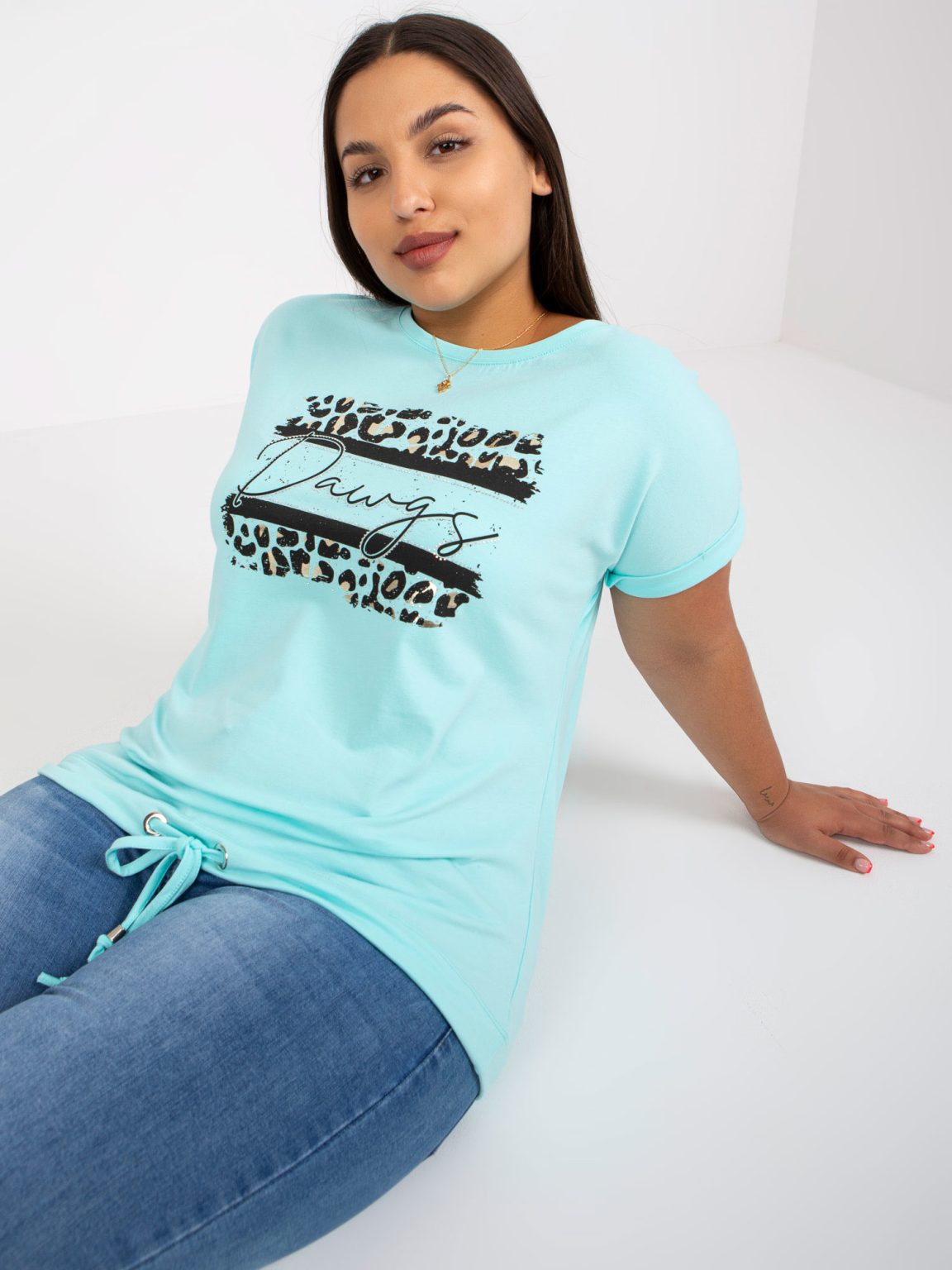 Hurtownia Miętowy bawełniany t-shirt plus size z nadrukiem