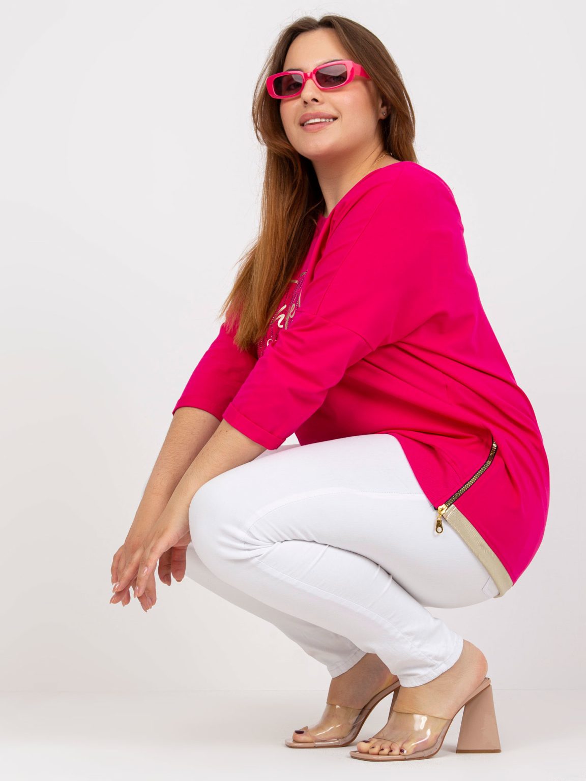 Hurtownia Fuksjowa codzienna bluzka plus size z zamkami