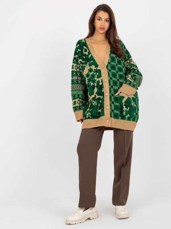 Hurtownia Zielono-camelowy rozpinany sweter oversize we wzory