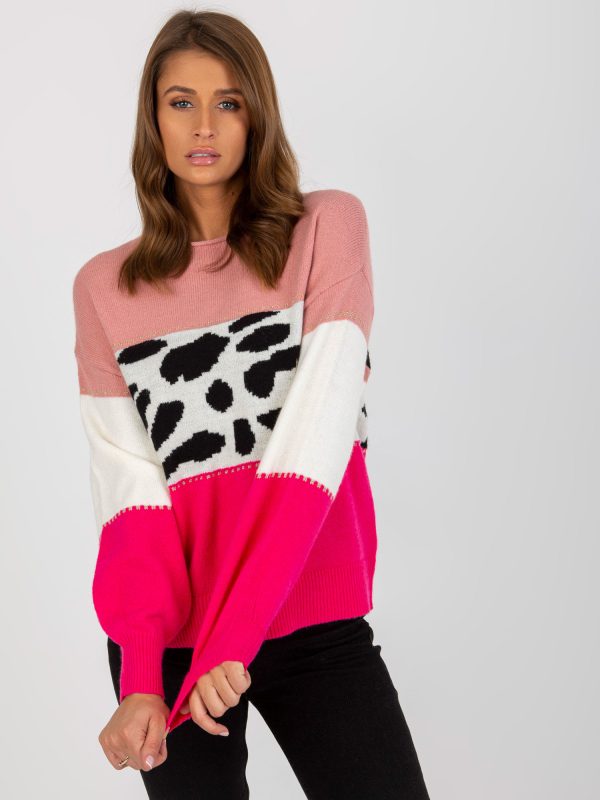 Hurtownia Różowy luźny sweter klasyczny z motywem zwierzęcym