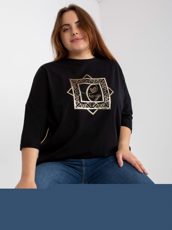 Hurtownia Czarna bluzka plus size ze złotym nadrukiem