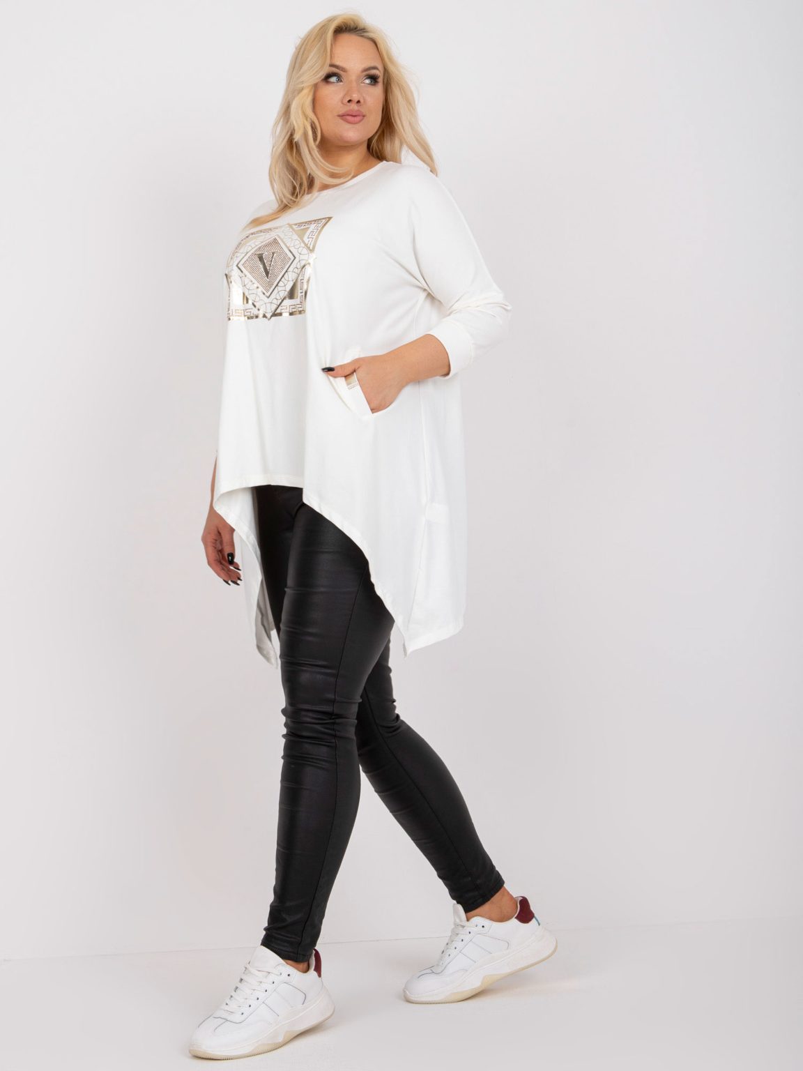 Hurtownia Ecru bawełniana tunika plus size z kieszeniami