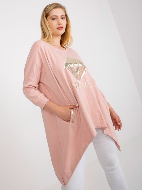 Hurtownia Brudnoróżowa długa bluzka plus size z kieszeniami