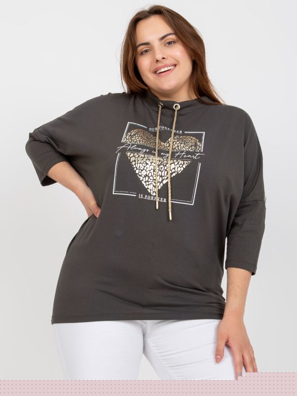 Hurtownia Khaki bawełniana bluzka plus size z aplikacją