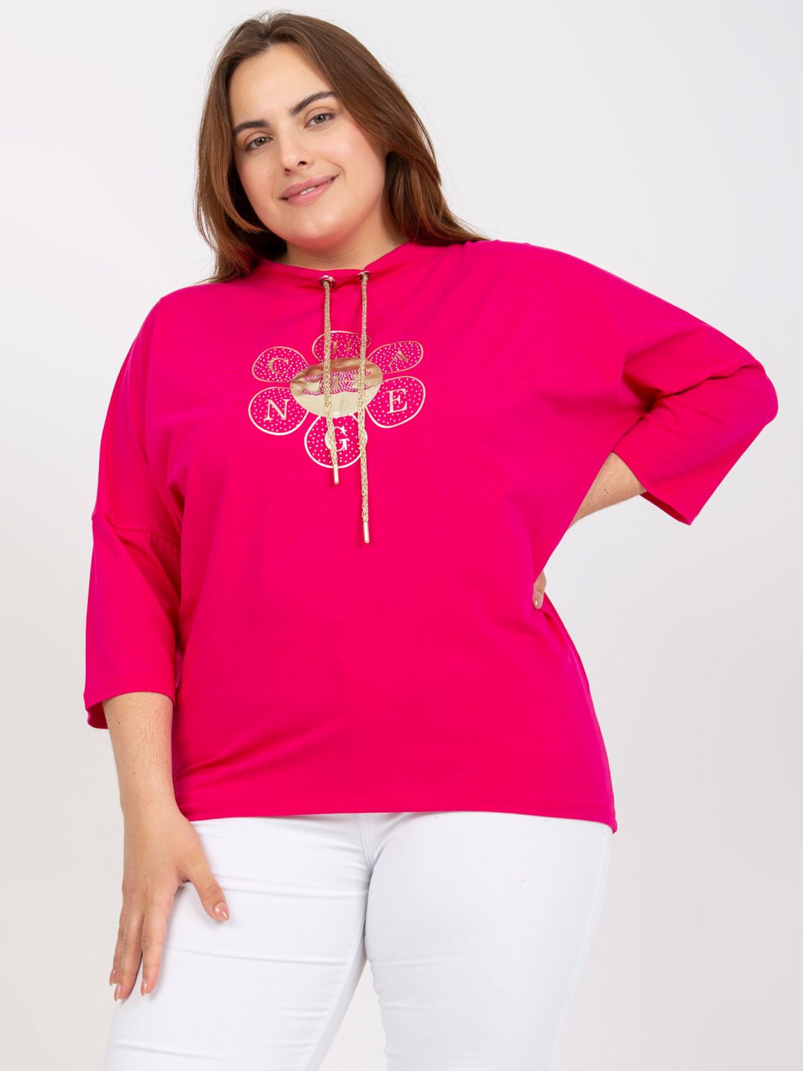 Hurtownia Fuksjowa bluzka plus size z aplikacją z dżetów