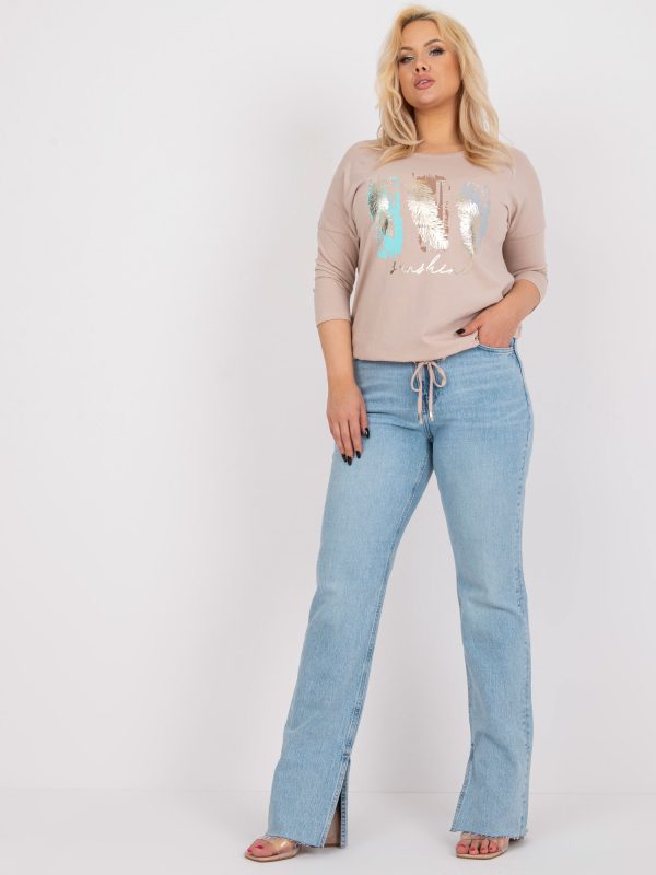 Hurtownia Beżowa bawełniana bluzka plus size ze ściągaczem