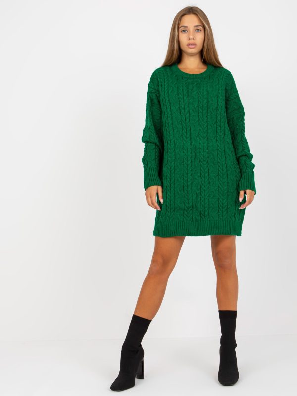 Hurtownia Zielony długi sweter z warkoczami i okrągłym dekoltem RUE PARIS