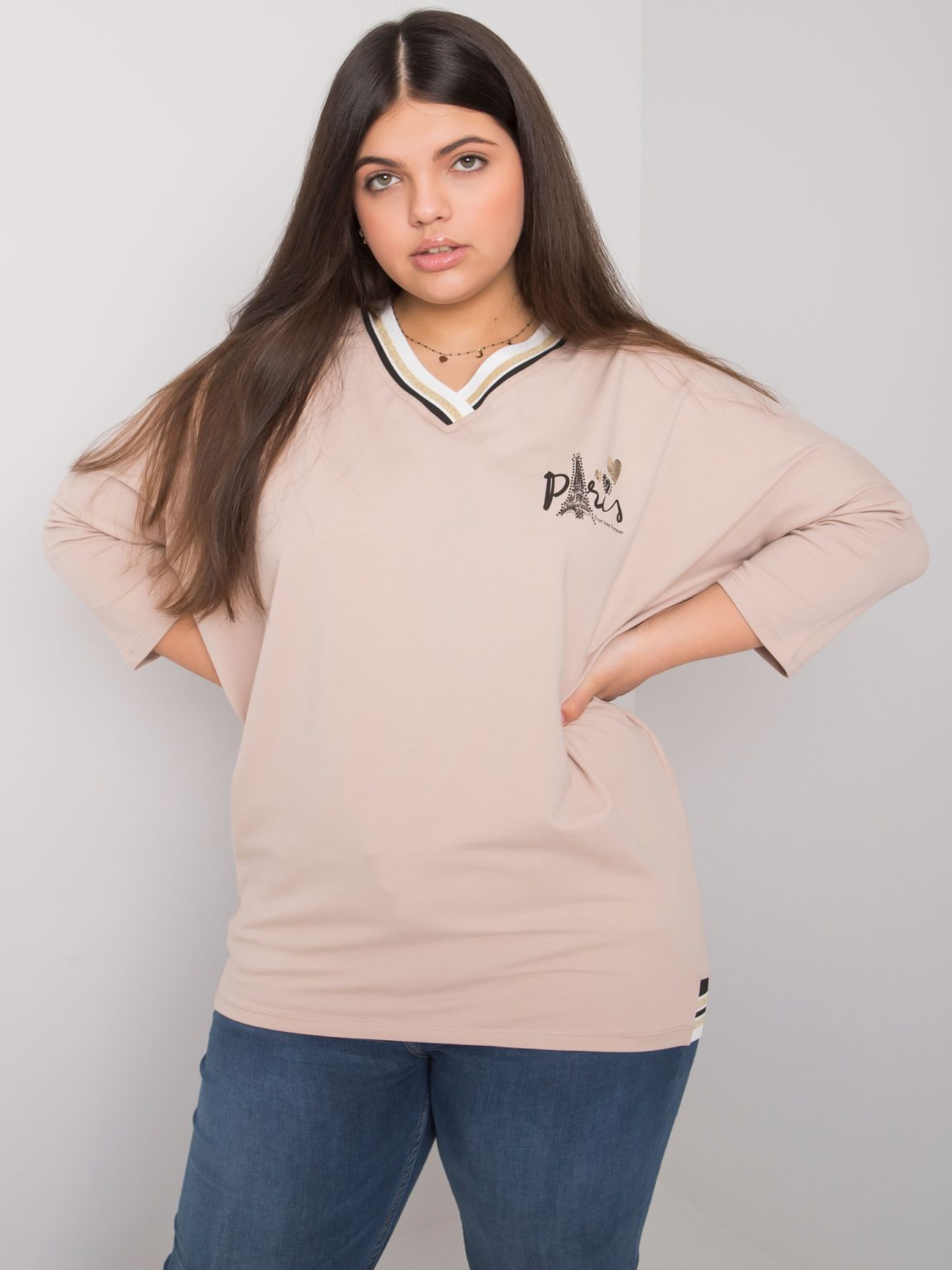 Hurtownia Beżowa bawełniana bluzka plus size Alida