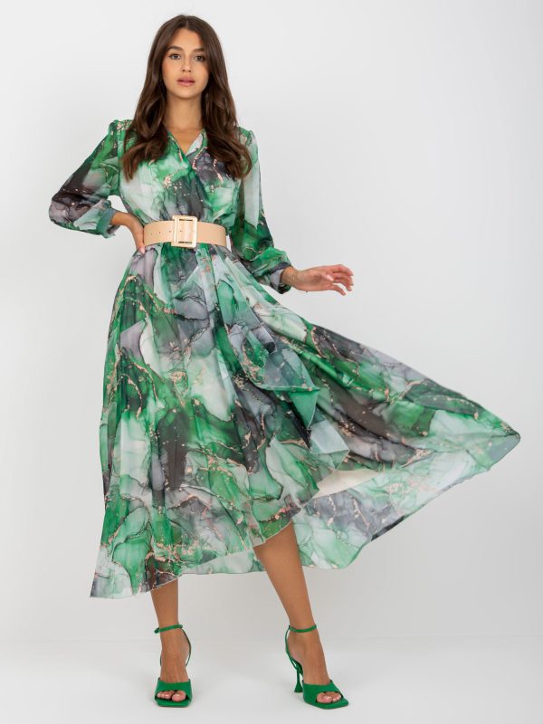 Hurtownia Zielono-czarna kopertowa midi sukienka z printami Janesville
