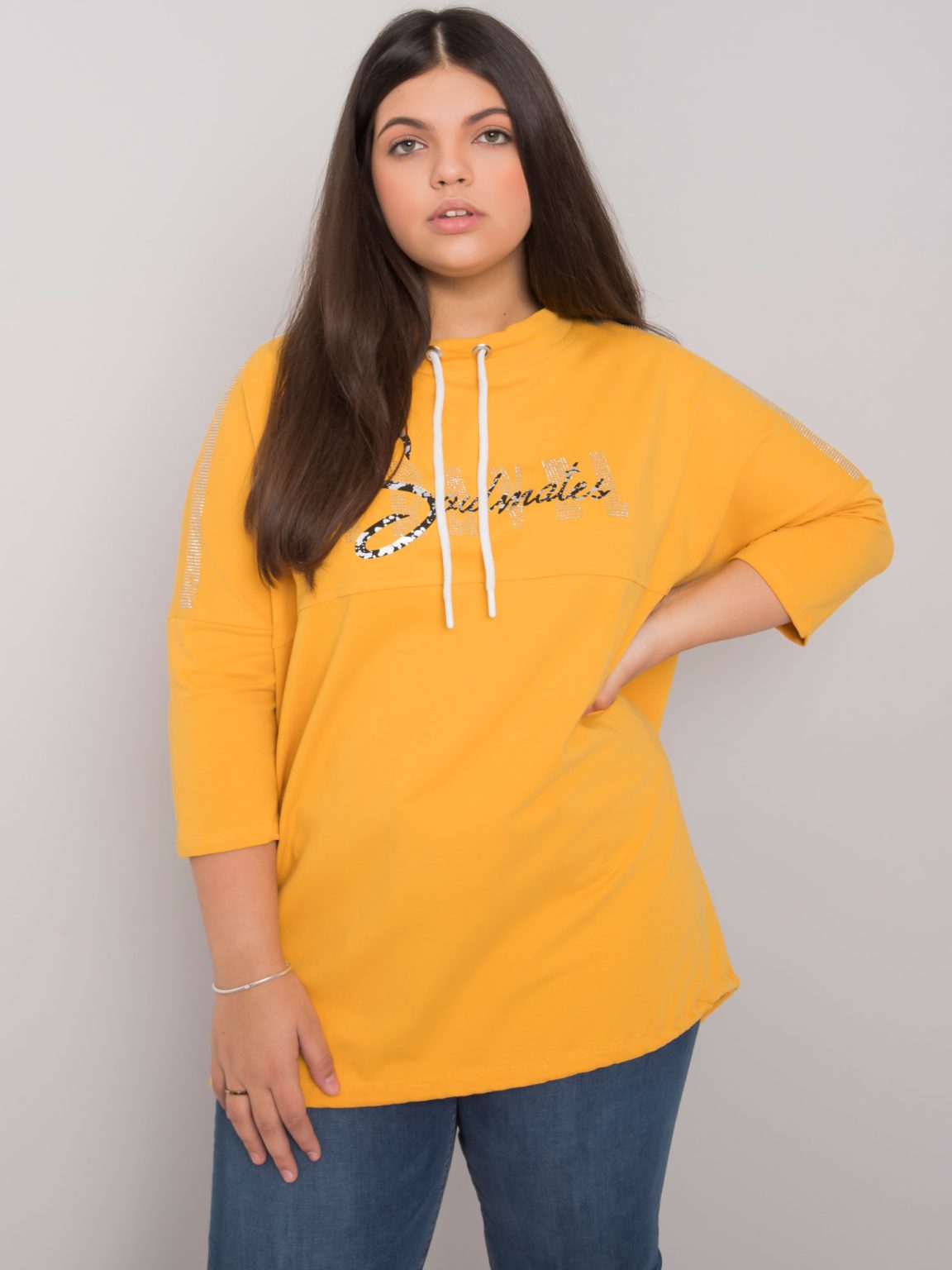 Hurtownia Żółta bluzka plus size z dżetami Ornella