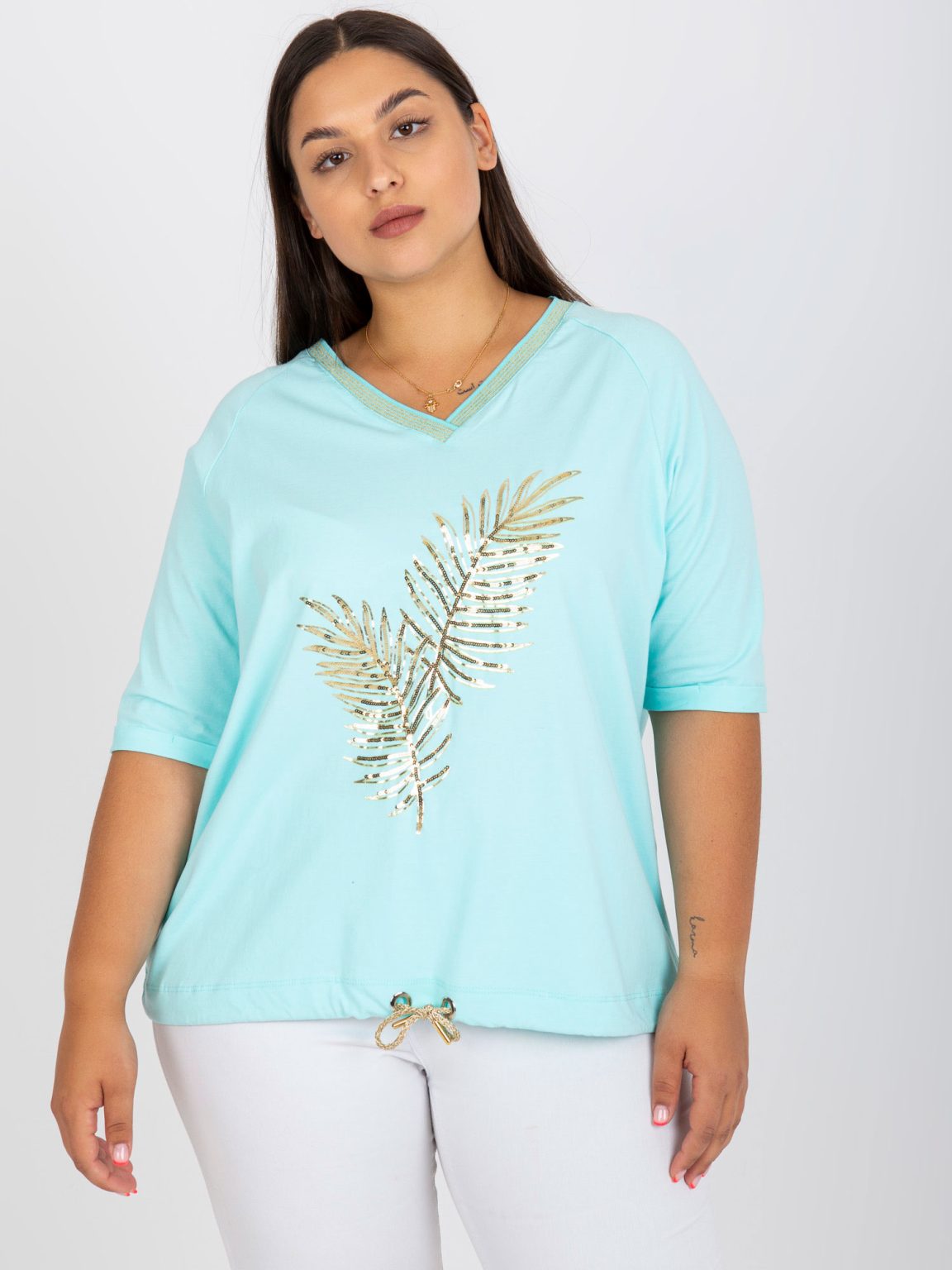 Hurtownia Miętowa codzienna bluzka plus size z aplikacją