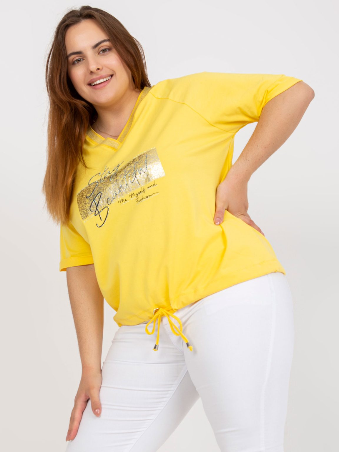 Hurtownia Żółta codzienna bluzka plus size z dekoltem V