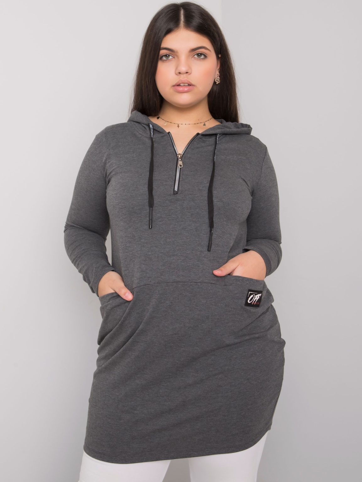 Hurtownia Ciemnoszara bawełniana tunika plus size z kapturem Kierra