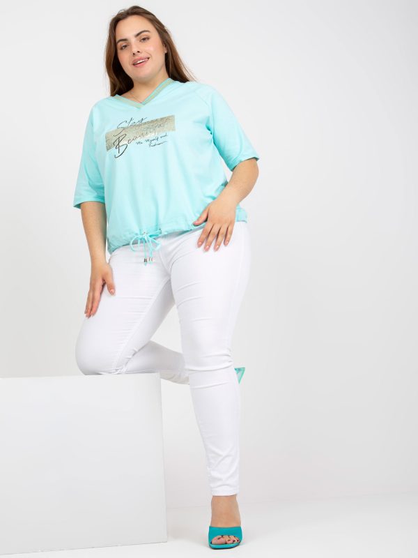 Hurtownia Miętowa bawełniana bluzka plus size z krótkim rękawem