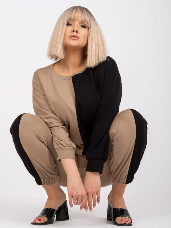 Hurtownia Ciemnobeżowo-czarny komplet dresowy plus size Amishi