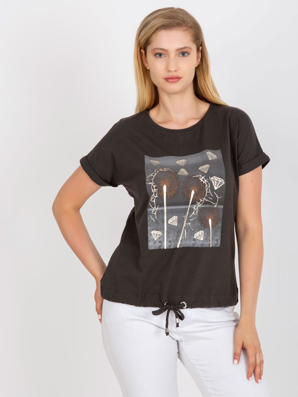 Hurtownia Khaki bawełniany t-shirt plus size z nadrukiem