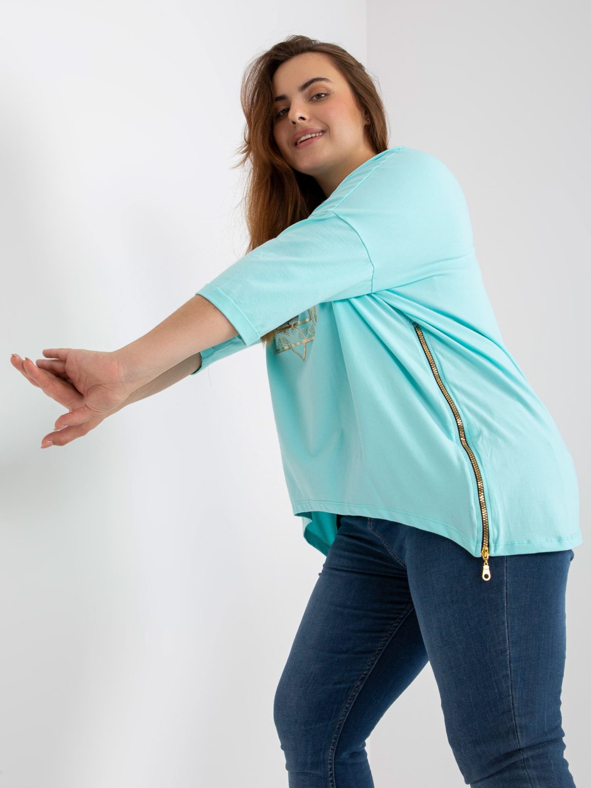 Hurtownia Miętowa bawełniana bluzka plus size z zamkami