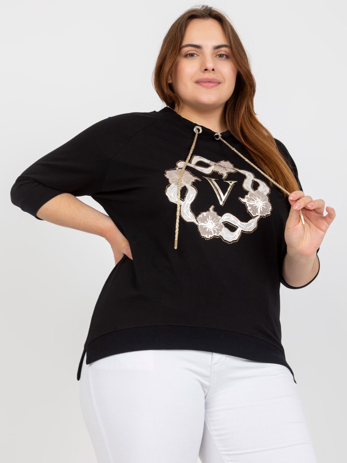 Hurtownia Czarna damska bluzka plus size z rękawem 3/4