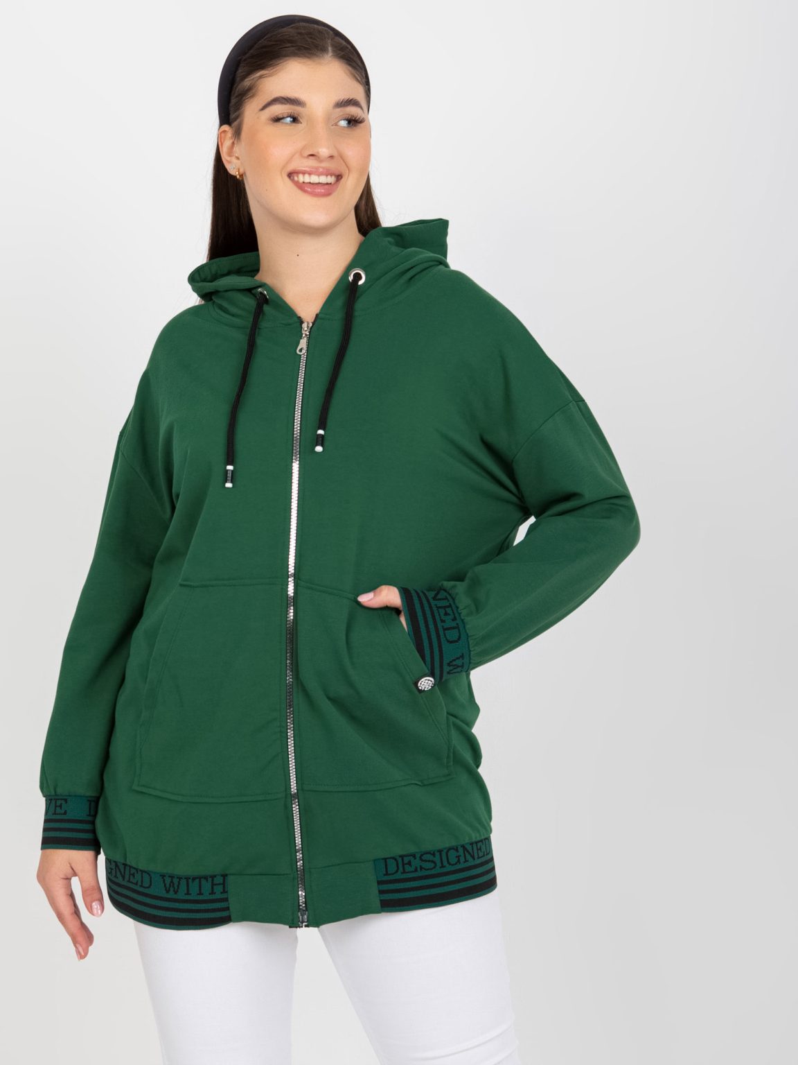 Hurtownia Ciemnozielona rozpinana bluza plus size z kapturem
