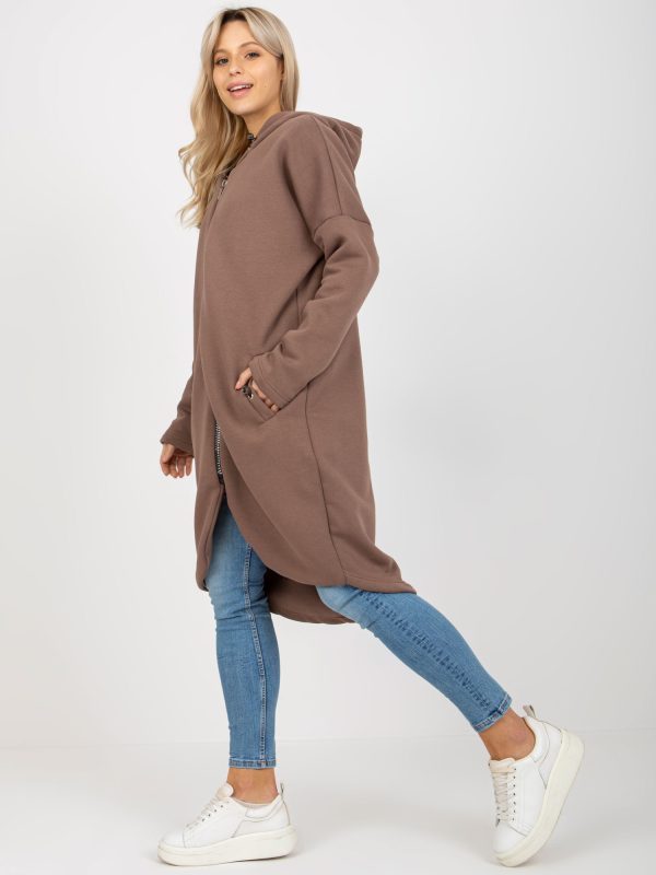 Hurtownia Brązowa dresowa długa bluza basic z suwakiem Tina RUE PARIS