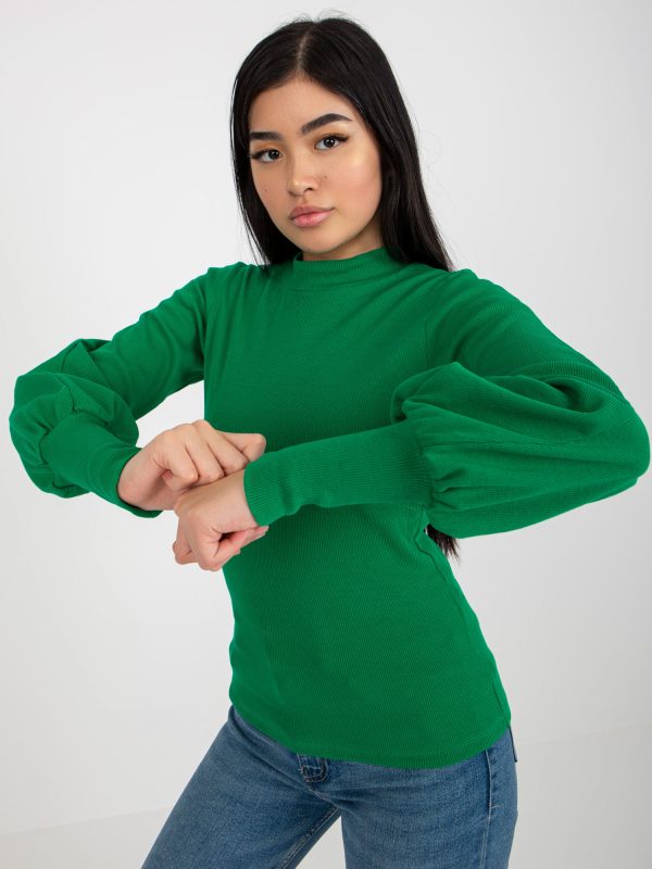 Hurtownia Zielona prążkowana bluzka basic z szerokim rękawem RUE PARIS