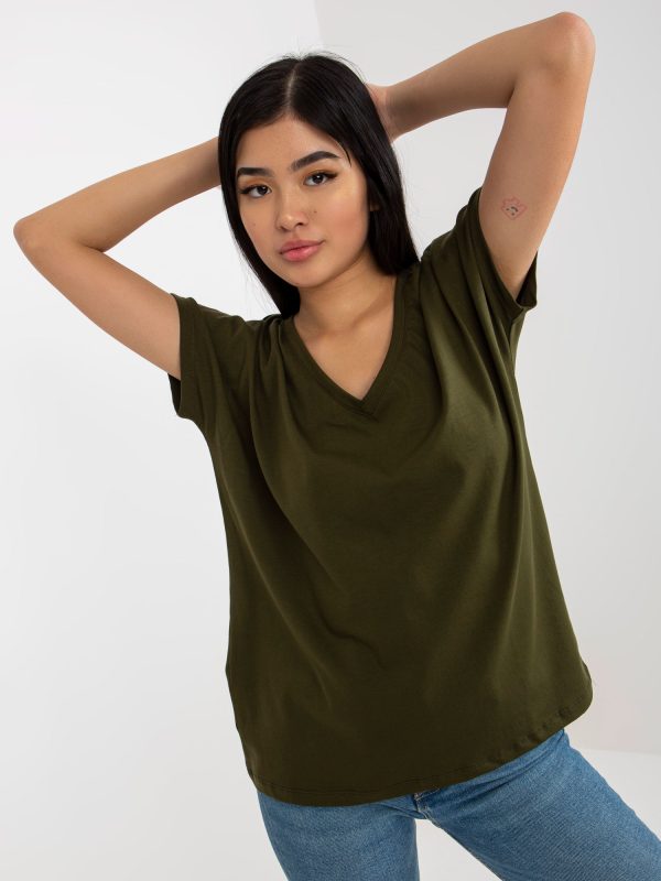 Hurtownia Khaki bawełniany t-shirt basic z dekoltem w serek Emory