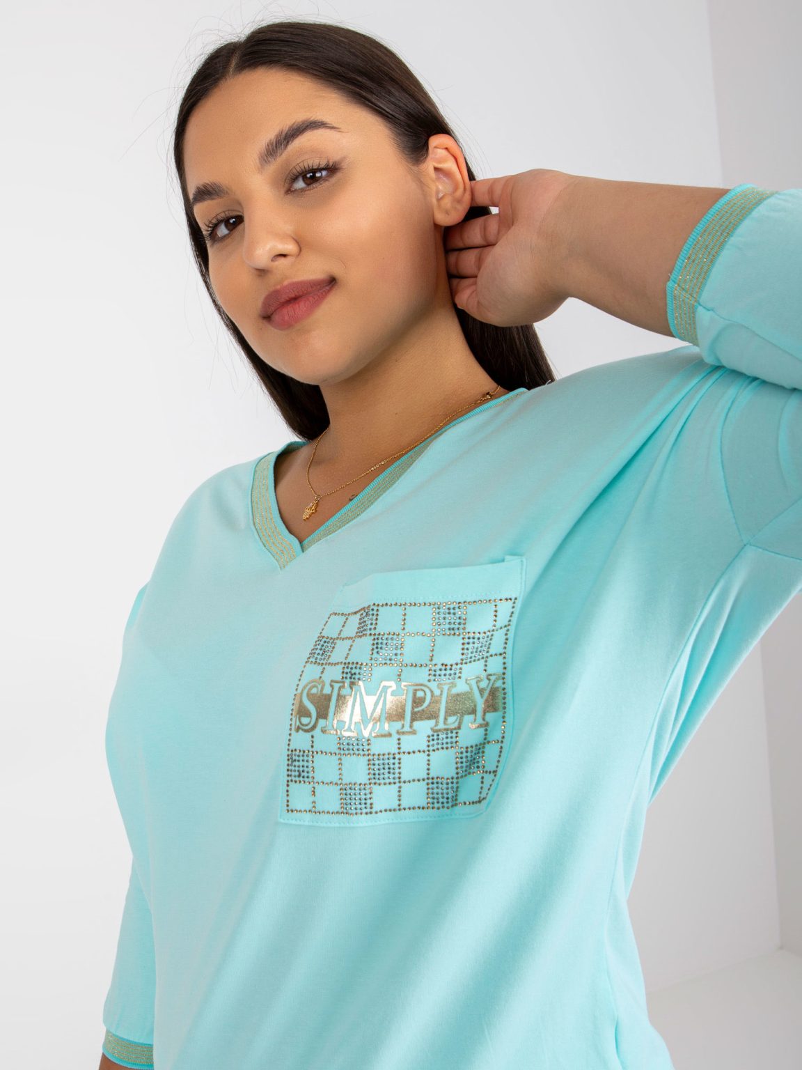 Hurtownia Miętowa bawełniana bluzka plus size z rękawem 3/4