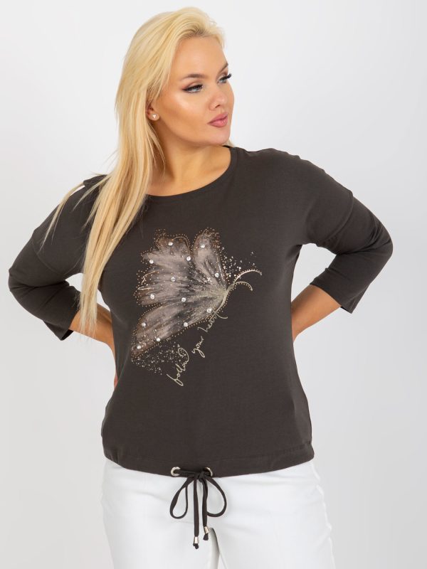 Hurtownia Khaki bluzka plus size z nadrukiem i ściągaczem