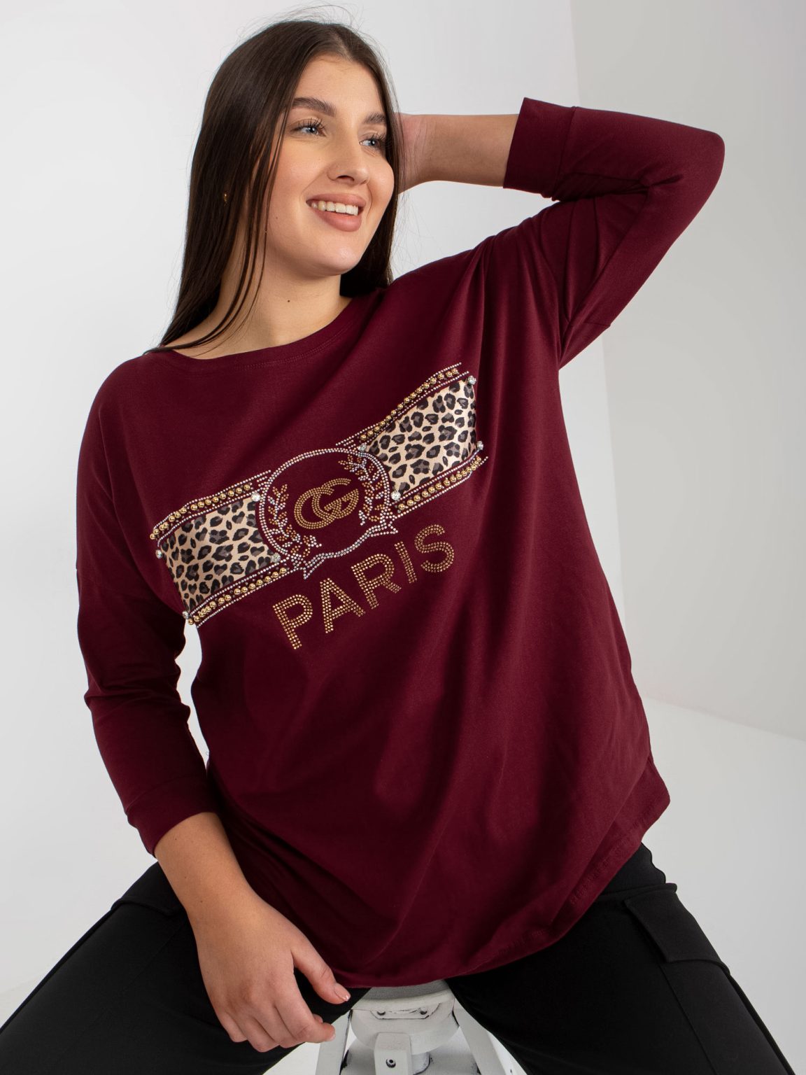 Hurtownia Ciemnofioletowa bawełniana bluzka plus size z rękawem 3/4