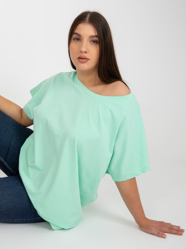 Hurtownia Miętowy luźny t-shirt plus size basic z bawełny