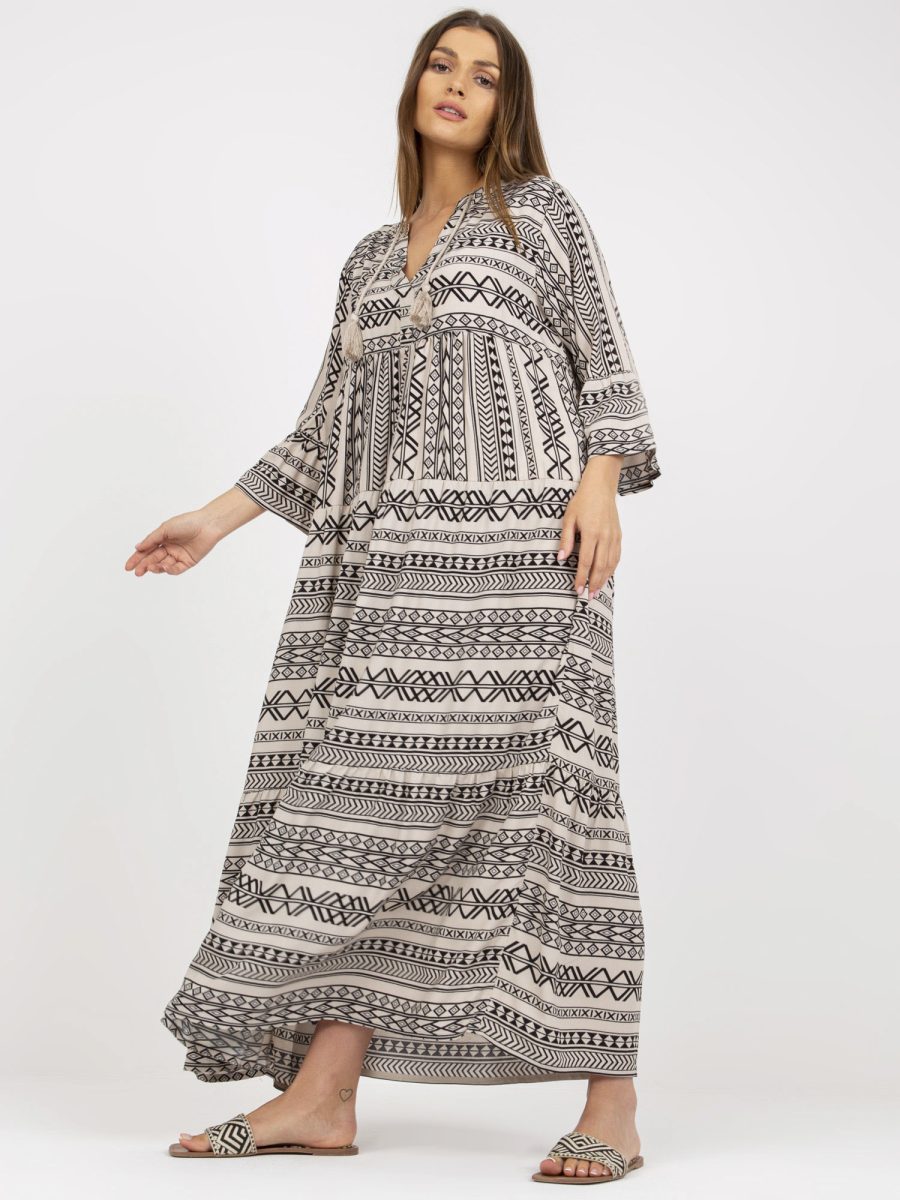 Hurtownia Beżowo-czarna maxi sukienka oversize w stylu boho